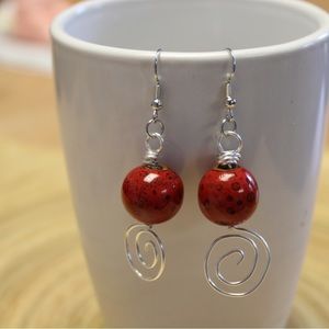 Red and silver hand made earrings, red ball with silver wire